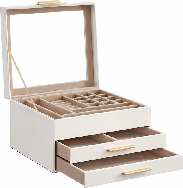 Caja joyero SONGMICS de 3 niveles con tapa de cristal y 2 cajones, estilo moderno, color blanco nube