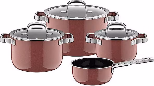 Juego de ollas WMF FUSIONTEC MINERAL PRO de 4 piezas en color rosa y gris de acero inoxidable apto para inducción