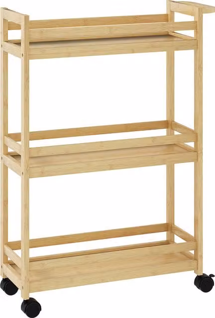 Estantería de baño de bambú HOMCOM de 3 niveles con ruedas, color beige natural, An/P/Al: 55 x 20 x 75 cm