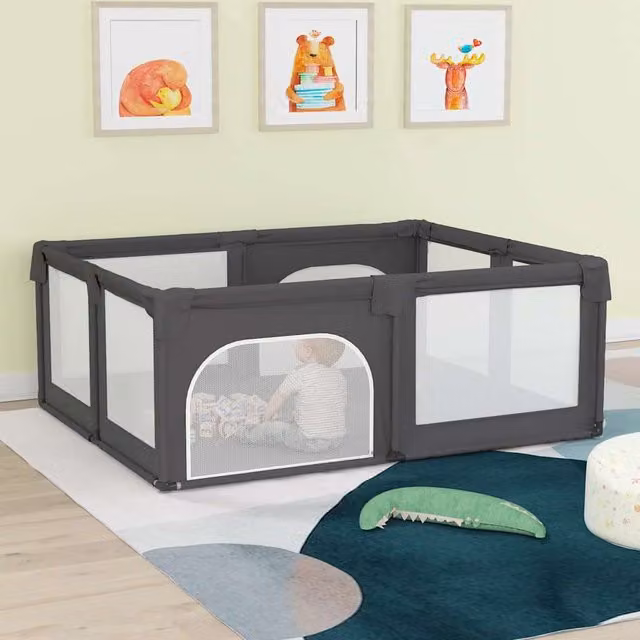 vidaXL Parque para bebés rectangular con 2 puertas de tela Oxford gris oscuro, An/P/Al: 190 x 150 x 70 cm