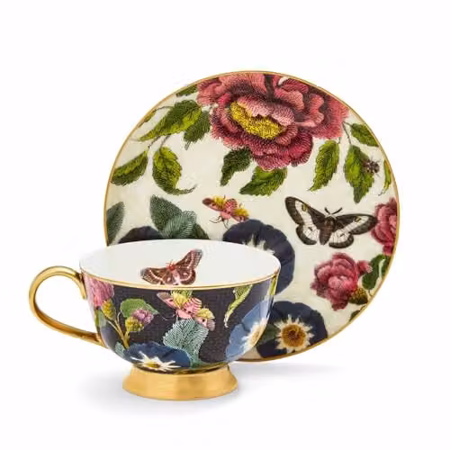 Taza de té con plato Portmeirion Creatures of Curiosity en porcelana bone china multicolor con detalles en negro y dorado