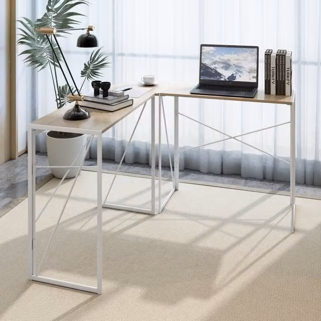 Escritorio esquinero en forma de L MODFU para oficina o dormitorio con estructura de metal y madera en colores marrón y blanco