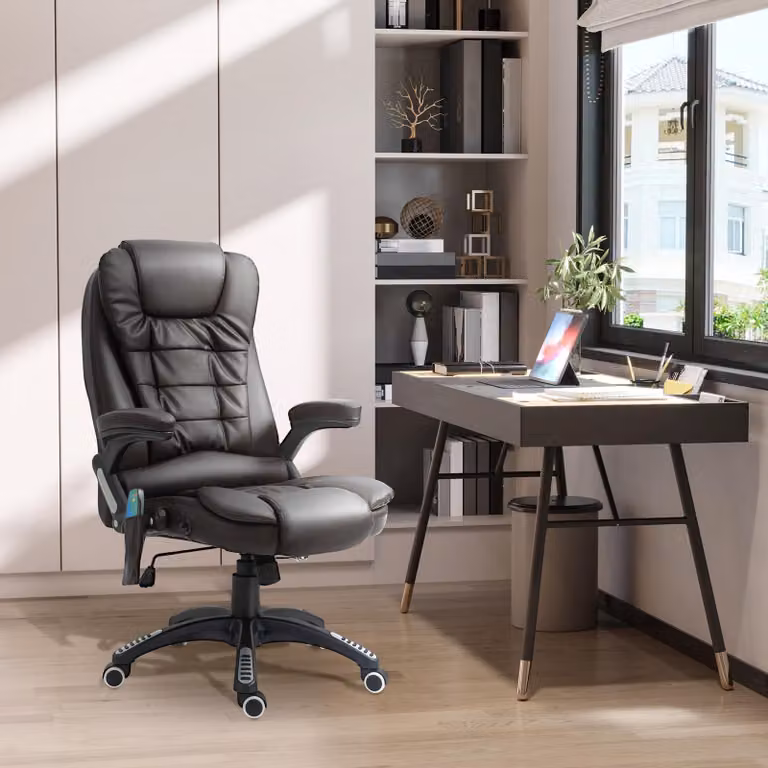 Silla de gaming y oficina OKWISH con masaje y calefacción, tapizada en cuero sintético color marrón