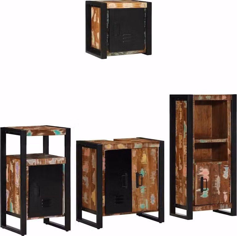 Juego de muebles de baño Syfax de 4 piezas en madera recuperada color marrón y multicolor con diseño minimalista y montaje en pared