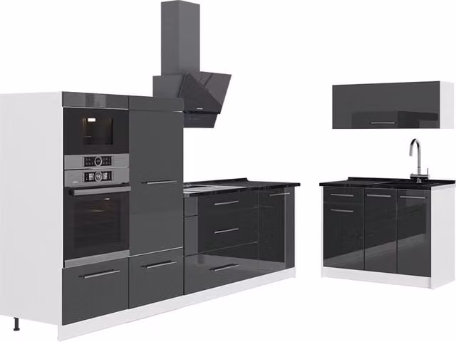 Cocina Vicco Fame-Line de diseño moderno en color antracita alto brillo y blanco con 380 cm de longitud