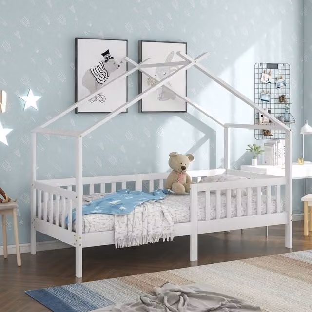 Cama Cabaña MODENVIE de Madera Maciza de Pino para Niños, Color Blanco, An/P/Al: 90 x 200 x 165 cm