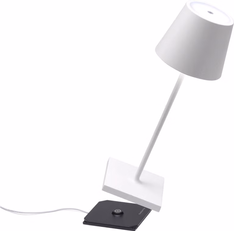 Lámpara de mesa LED recargable Zafferano Poldina Pro Mini blanca con regulación de intensidad y acabado en aluminio, Altura: 30 cm