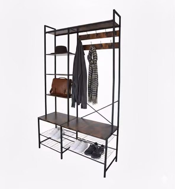Perchero de entrada con banco estilo industrial Relaxdays, con ganchos y estantes, negro y marrón, Al 190 cm x An 120 cm x P 40 cm