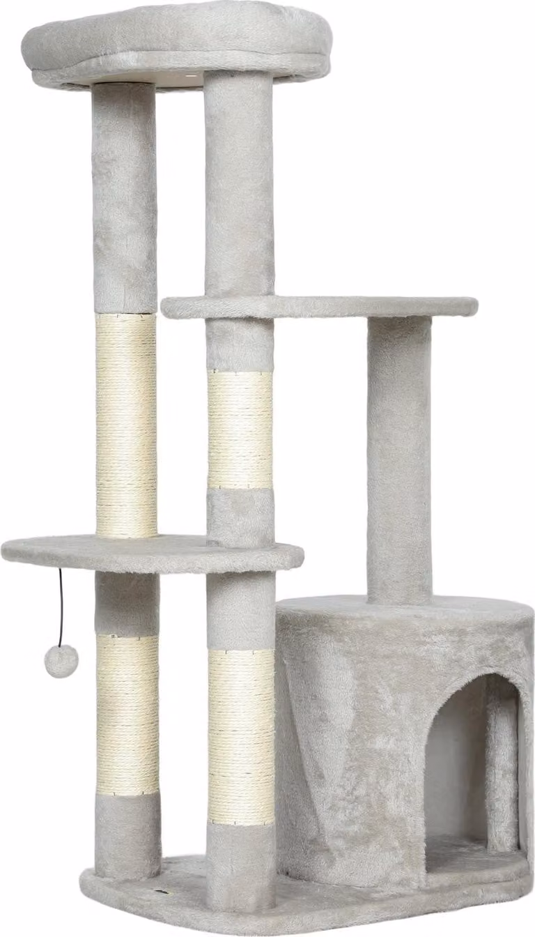 Árbol para gatos Northio de varios niveles con cueva, juguetes integrados y postes de sisal, color gris, Altura: 114 cm