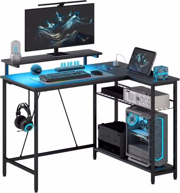 Escritorio Esquinero Reversible YULINLAND con LED, 2 Enchufes, 2 Puertos USB y Cesta Ajustable, Negro, An/P/Al: 107 x 80 x 90 cm