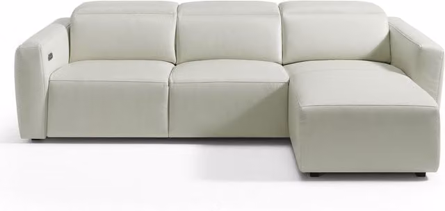 Sofá de piel Trento de El Corte Inglés de 5 plazas con chaiselongue derecha, 2 asientos relax eléctricos y reposacabezas ajustable en color blanco
