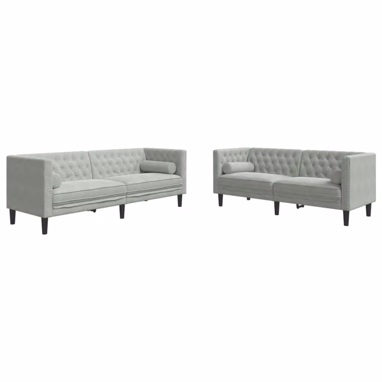 Set de 2 sofás Chesterfield vidaXL tapizados en terciopelo gris con cojines y estructura de madera sólida