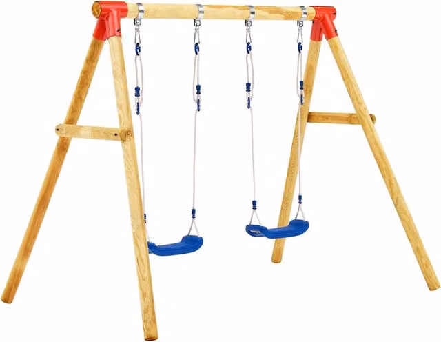 Columpio de madera de pino Vidaxl con toldo resistente a los rayos UV en color marrón y azul, An/P/Al: 230 x 130 x 166 cm