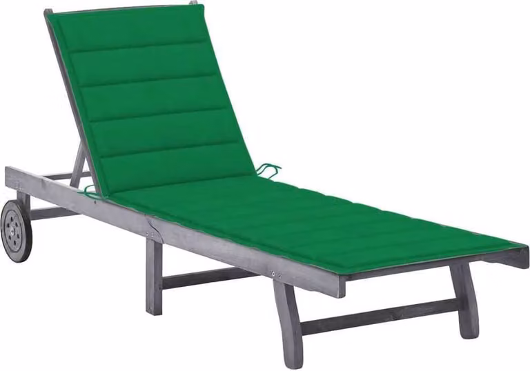 Tumbona de jardín Syfax de madera de acacia con cojines gris y verde con ruedas y reposacabezas ajustable