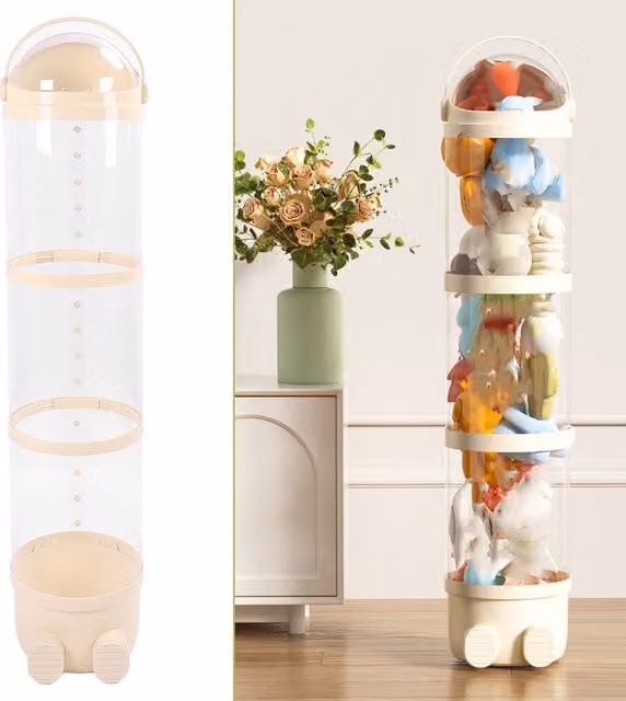 Organizador de juguetes transparente Infinite de 130 cm para peluches y accesorios, cilindro de plástico con 36 piezas en color amarillo y transparente para salón o dormitorio