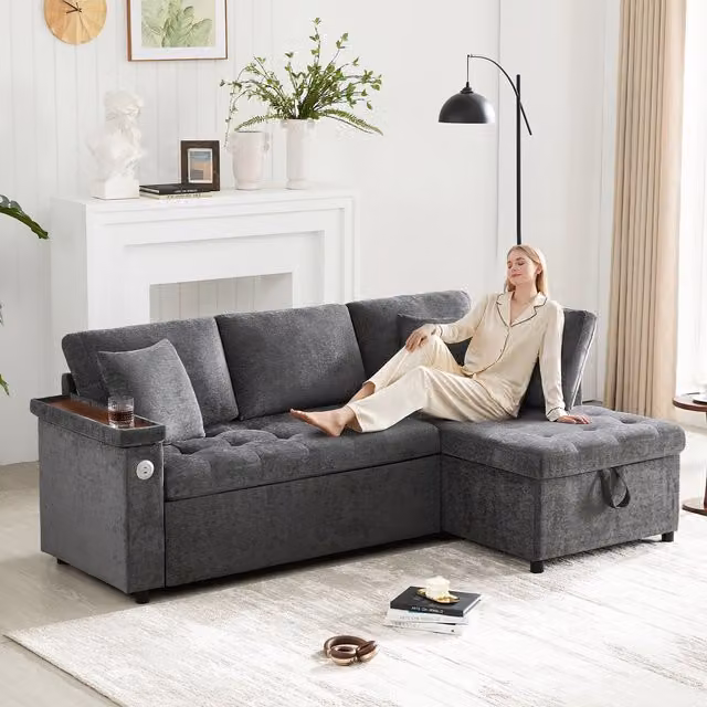 Sofá en forma de L Kellany con cama extraíble, cargador USB y almacenamiento en color gris con tapizado de chenilla para tu salón