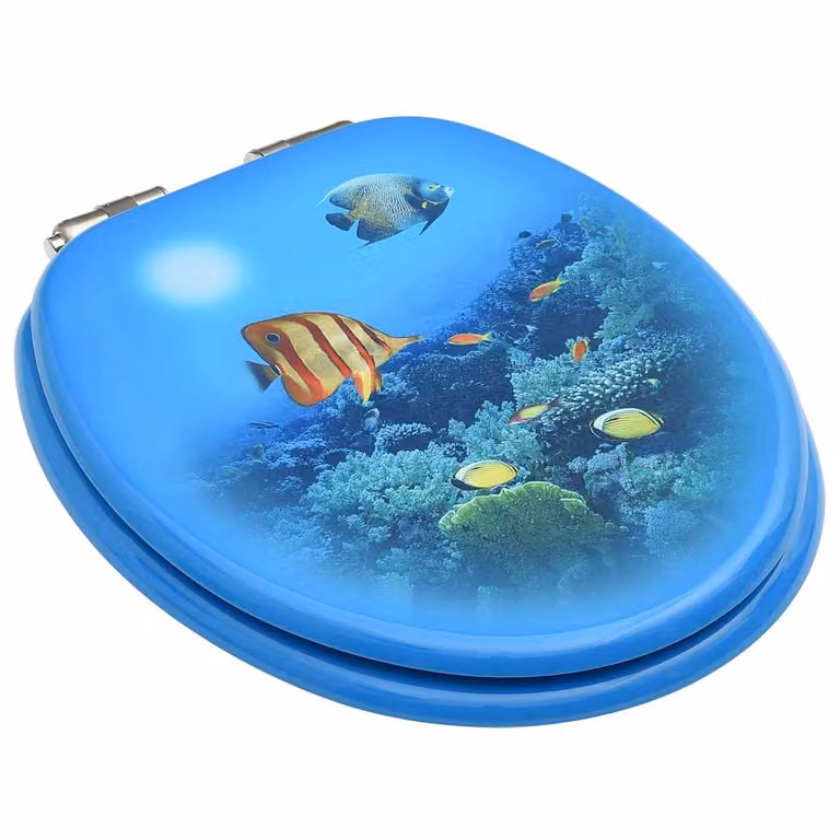 Set de 2 asientos de WC vidaXL con tapa de cierre suave, diseño de fondo submarino en MDF, color azul y multicolor, forma ovalada