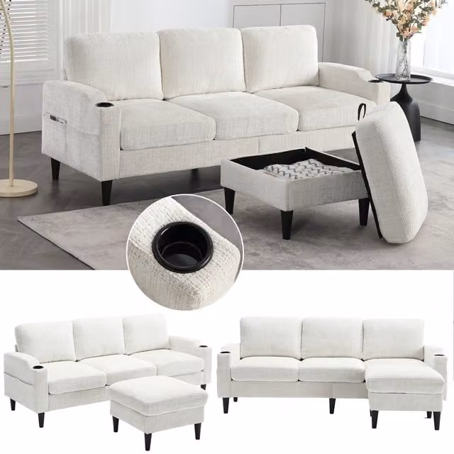 Sofá de 4 plazas KELLANY en forma de L con otomana, tapizado en terciopelo beige y blanco con portavasos y espacio de almacenamiento para tu salón
