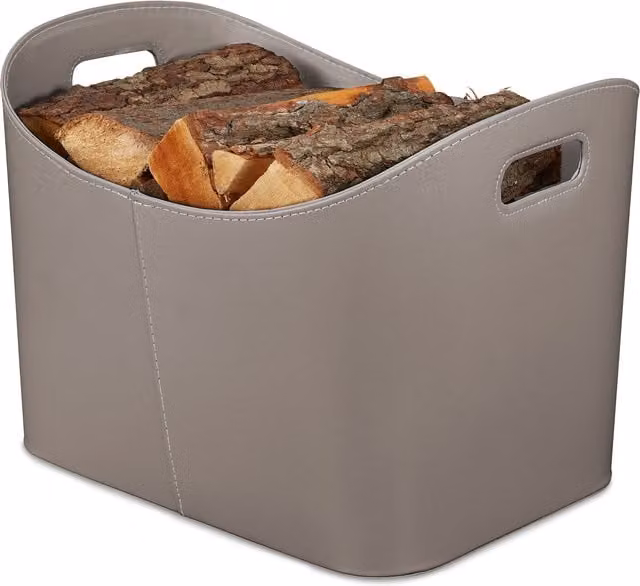 Cesta para leña XL de piel sintética con asas Relaxdays, gris oscuro, An/P/Al: 36 x 53,5 x 41 cm