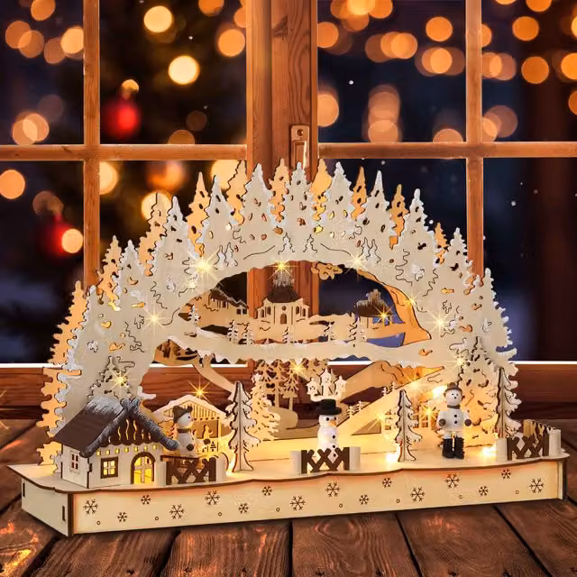 Adorno navideño de madera MONZANA con paisaje de invierno y 8 LEDs multicolor en color marrón