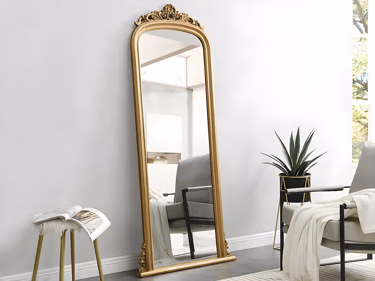 Espejo de pared Merry de Vente-Unique en madera color dorado con estilo vintage y forma rectangular, Altura: 180 cm