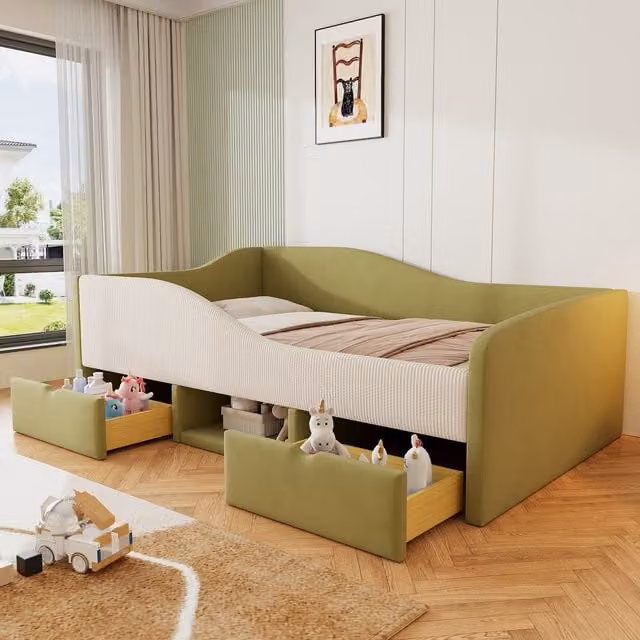 Cama infantil DREAMMESPACE de terciopelo con 2 cajones y barras para colgar, verde oscuro y blanco crema, An/P: 90 x 190 cm
