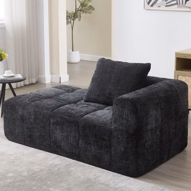 Sofá Chaise Longue Moderno KELLANY en Tejido de Chenilla Negro con Cojines, Forma en L y Orientación Izquierda, An/P/Al: 158 x 90 x 60 cm