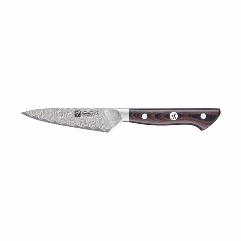 Cuchillo de pelar Zwilling Tanrei de acero damasco con mango de madera marrón y plata de 10 cm