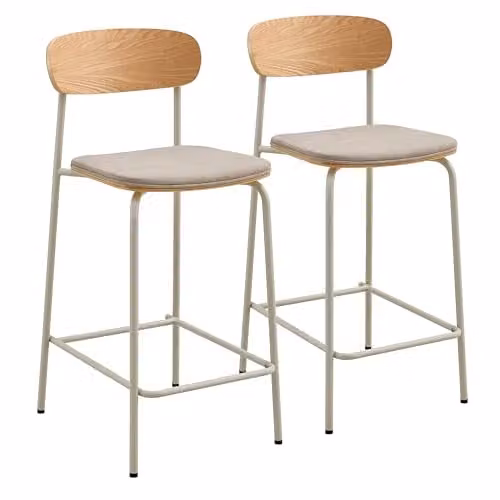 Juego de 2 sillas altas Oviala de madera y metal en color beige con asiento de tela apilables