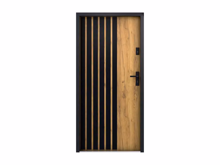 Puerta de entrada sólida de acero COBRITA con efecto roble y rayas negras, apertura izquierda, An: 99 cm, Al: 206,5 cm