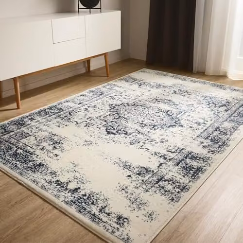 Alfombra Suki de Benuta con diseño vintage oriental en color crema y azul, rectangular, An/P: 160 x 230 cm