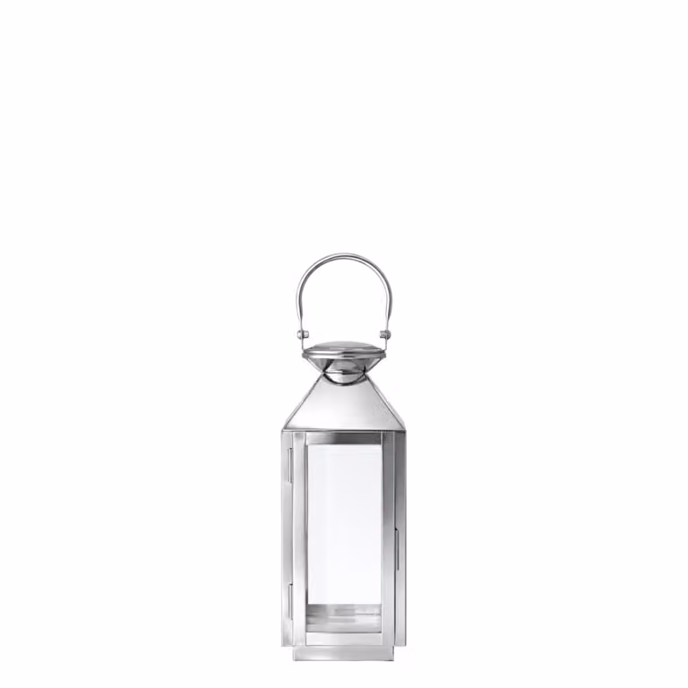 Farol decorativo de mesa Sia Deco en color plata con acabado de vidrio y metal de estilo clásico, Altura: 27 cm