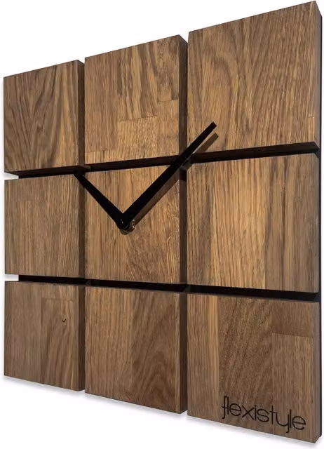 Reloj de pared analógico Flexistyle Harmony de madera, diseño geométrico cuadrado, marrón, Diámetro: 30 cm