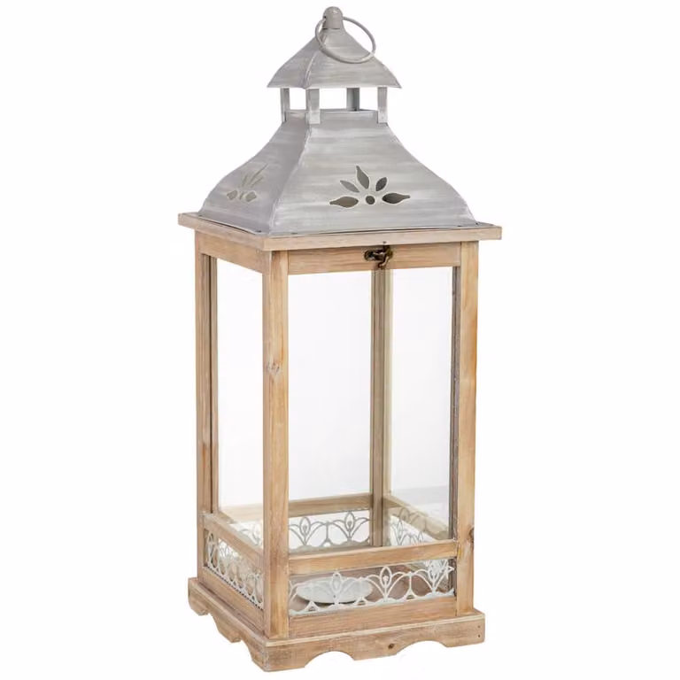 Farol decorativo Wanderlust deco de madera y cristal en color marrón y transparente, estilo rústico floral, An/P/Al: 23,5 x 23,5 x 61 cm