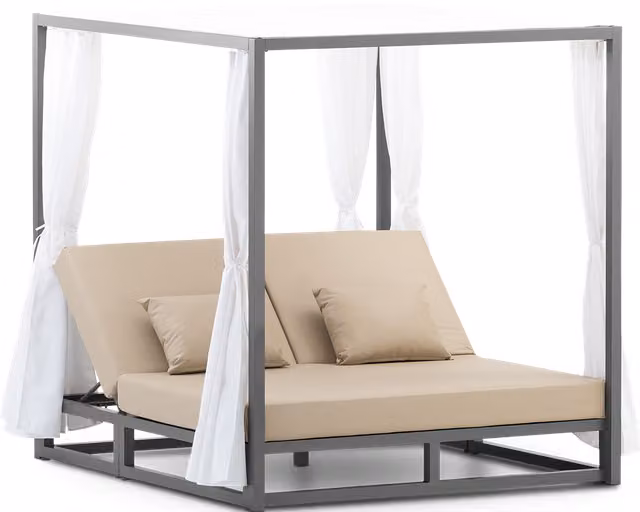 Cama balinesa de aluminio con cojines en color antracita y beige de Defora Home