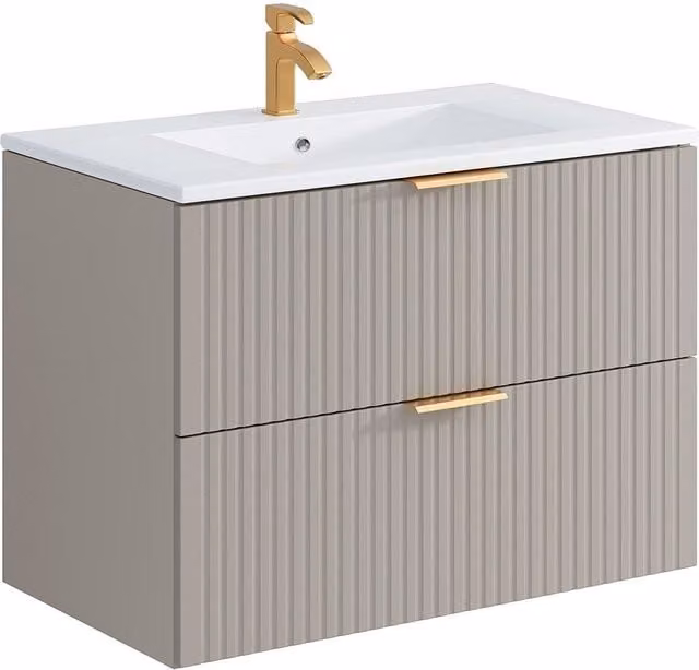 Mueble de baño suspendido Zevara con lavabo de cerámica encastrado en color beige y blanco con acabado brillante y sistema de cierre suave