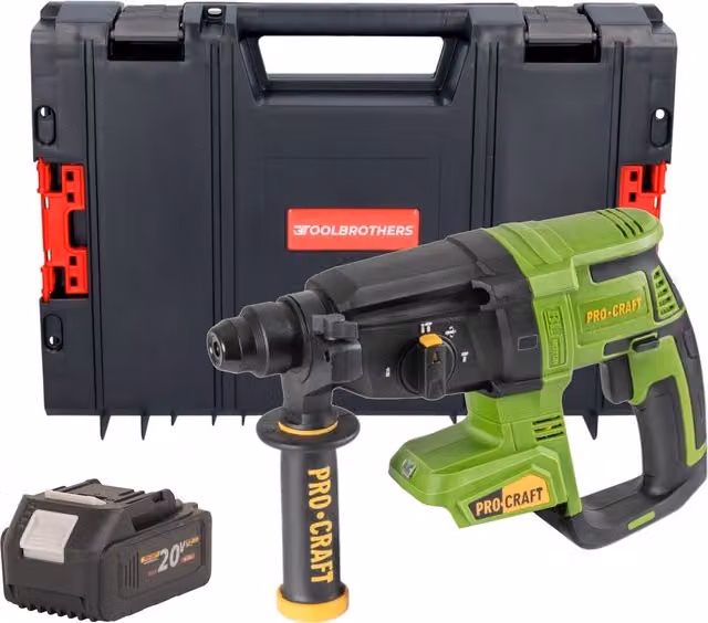 Martillo Perforador a Batería Procraft PHA40BB de 20 V con Motor Sin Escobillas, 2,6 J y Sistema SDS Plus, Incluye 1 Batería de 4,0 Ah y Maletín Rhino en Color Verde