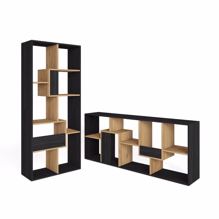 Librería moderna SKRAUT HOME con efecto madera en negro y roble, An/P/Al: 67 x 31 x 162 cm