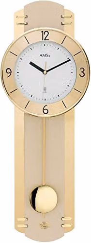 Reloj de pared analógico con péndulo y radiofrecuencia AMS en blanco y dorado