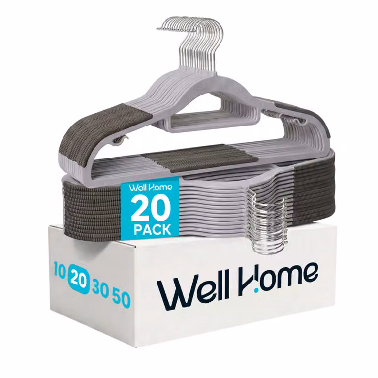 Pack de 20 perchas antideslizantes de plástico Wellhome con barra y muescas en color gris