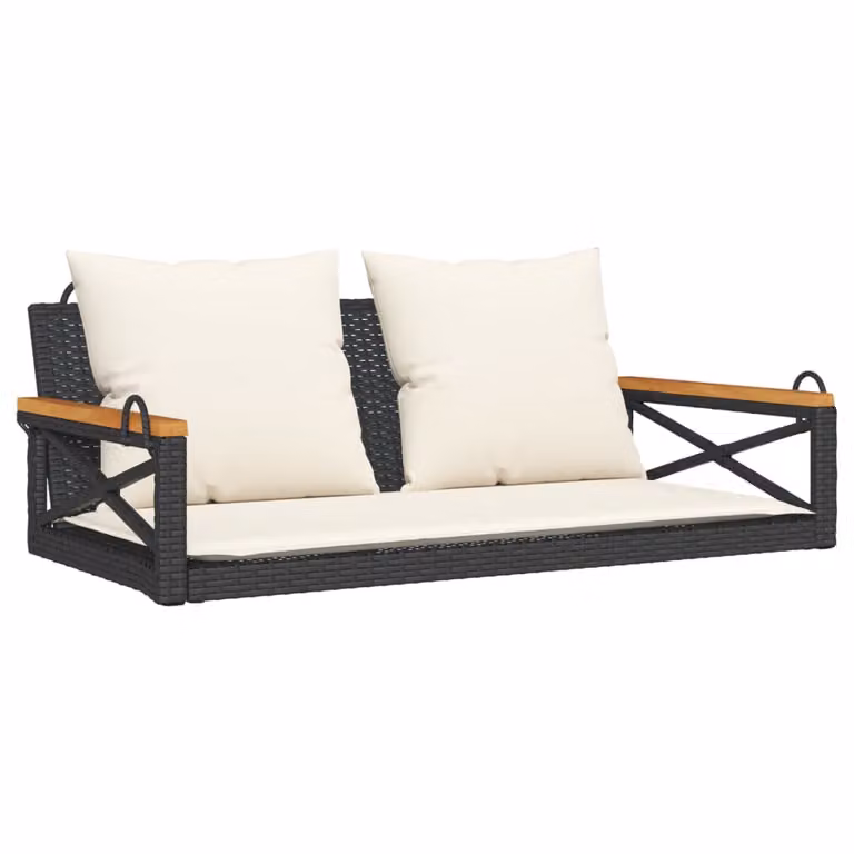 vidaXL Banco columpio de ratán sintético con cojines y madera de acacia en color negro An/P/Al: 109 x 62 x 40 cm