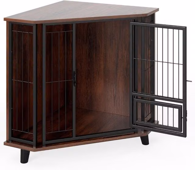 Jaula de esquina para perros NORTHIO con puerta para comida y cerradura, diseño moderno en marrón y negro, An/P/Al: 71.5 x 60 x 60 cm