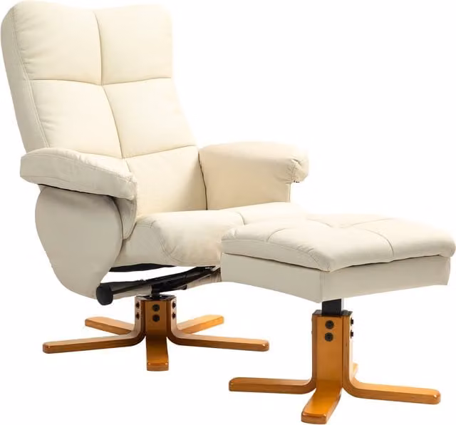 Sillón reclinable NORTHIX con otomana en piel sintética color blanco crema y estructura de madera sólida