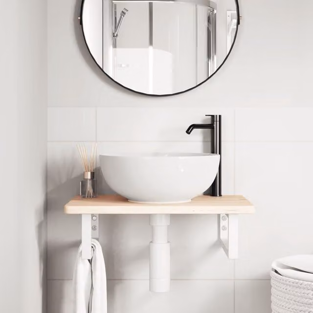 Estante de lavabo de pared SYFAX de madera de roble y metal en color blanco y marrón An/P/Al: 40 x 40 x 3 cm