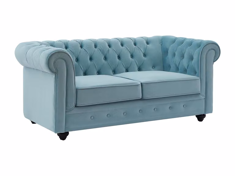 Sofá Chesterfield de 2 plazas VENTE-UNIQUE tapizado en terciopelo azul con estructura de madera sólida An/P/Al: 165 x 88 x 72 cm