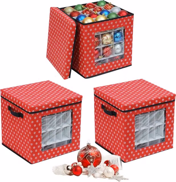 Set de 3 cajas organizadoras para bolas de Navidad Relaxdays, color rojo, con tapa y asas, An/P/Al: 33 x 33 x 33 cm