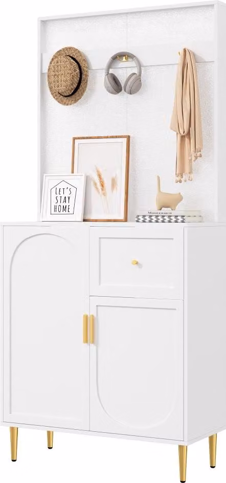 Conjunto de armario para pasillo y recibidor Aiorber con zapatero y estantería, diseño moderno en blanco y dorado, An/P/Al: 80 x 35 x 175,5 cm