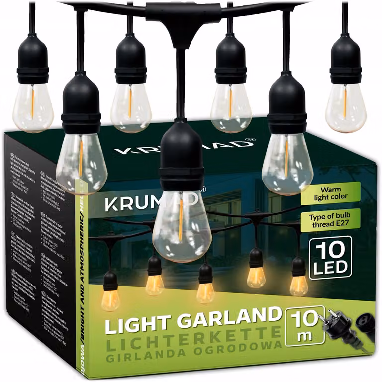 Guirnalda de luces LED Krumad con 10 bombillas esféricas de luz cálida, diseño moderno para exterior e interior, longitud: 10 m