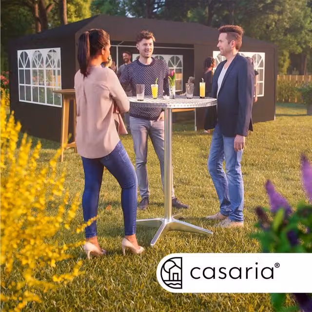 Mesa bar plegable Casaria de aluminio color plata con altura ajustable y superficie redonda de Ø60 cm