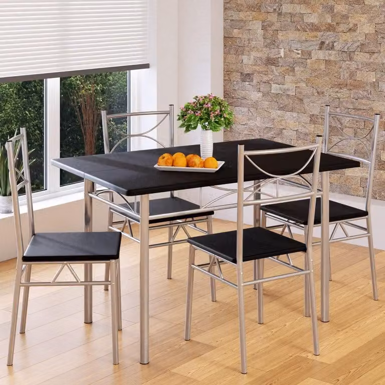 Juego de comedor moderno B2X de 5 piezas con mesa rectangular y cuatro sillas en color negro y estructura de metal y MDF, An/P/Al: 110 x 70 x 76 cm
